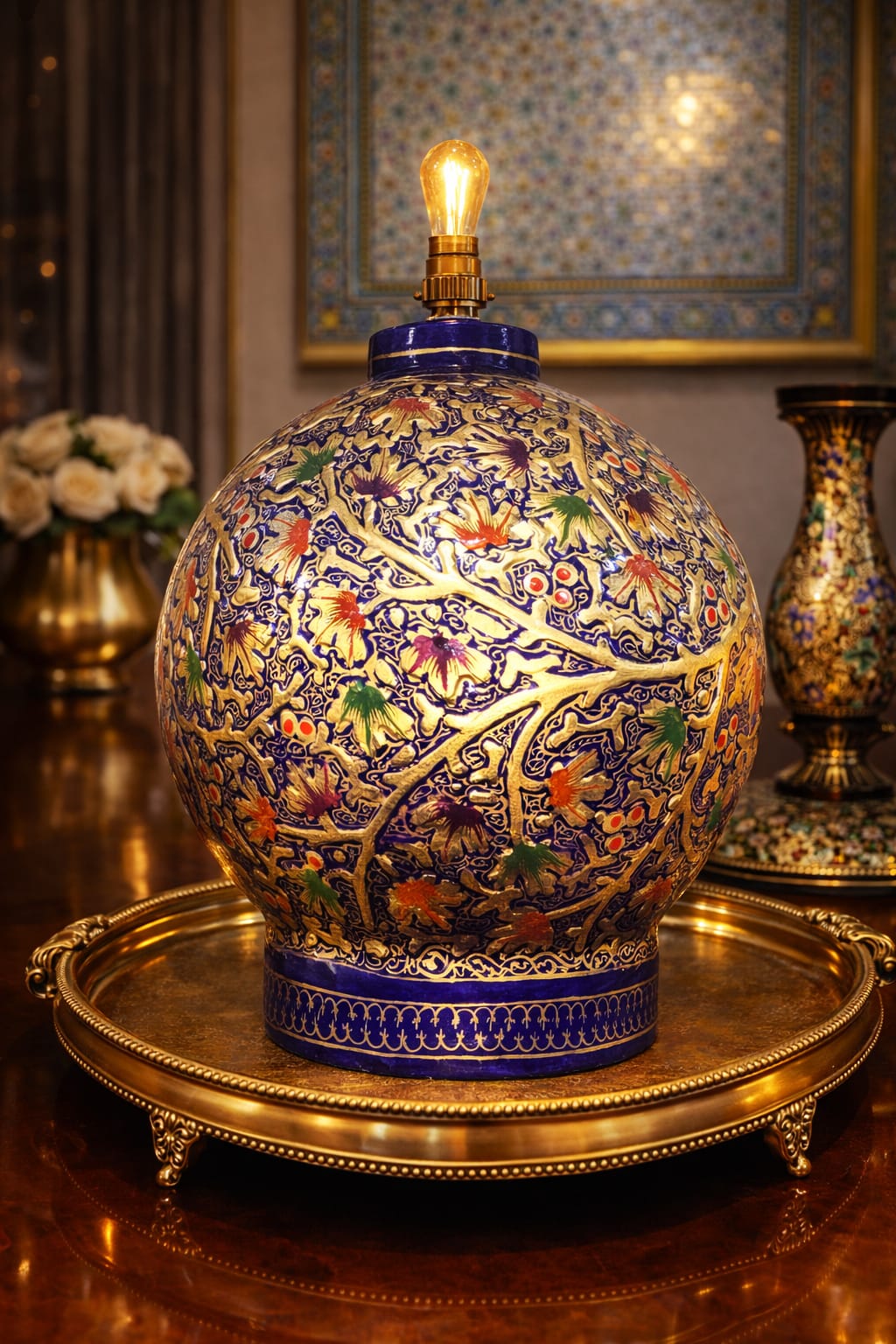 Antique Table Lamp with kashmiri floral art, hand painted paper mache table lamp 